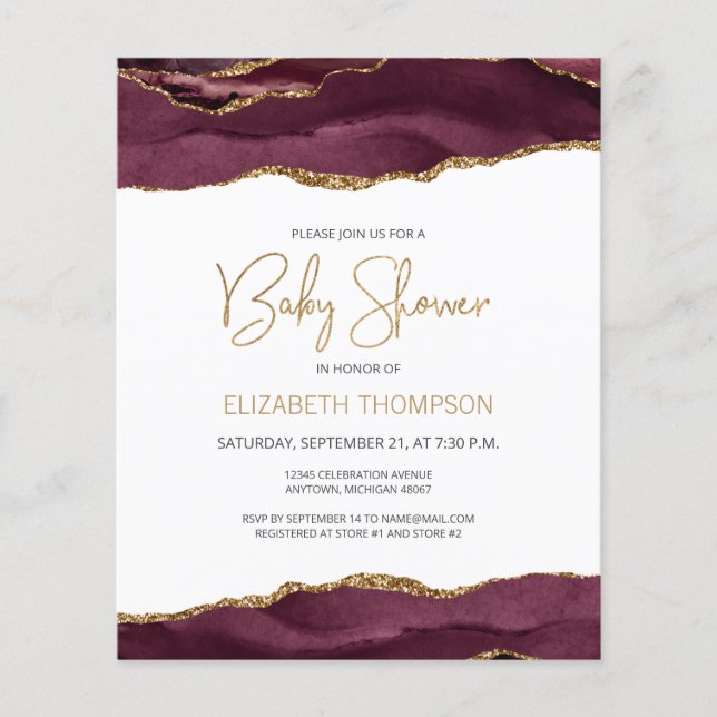 Papier Budget Bourgogne Gold Agate Baby shower Invitation (Devant)