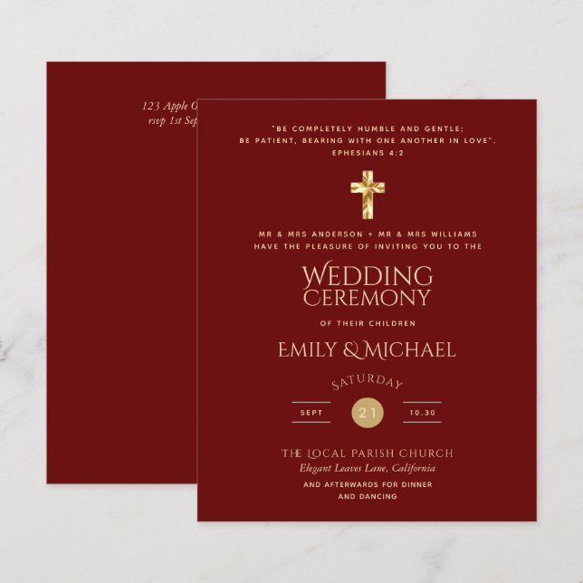 Papier Budget Bourgogne Gold Mariage catholique Invitatio (Devant / Derrière)
