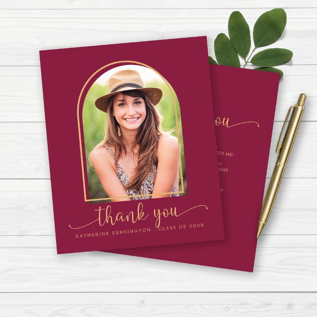 Papier Budget Bourgogne Gold Photo Merci de graduation (Budget Burgundy Gold Photo Graduation Thank You Cards)