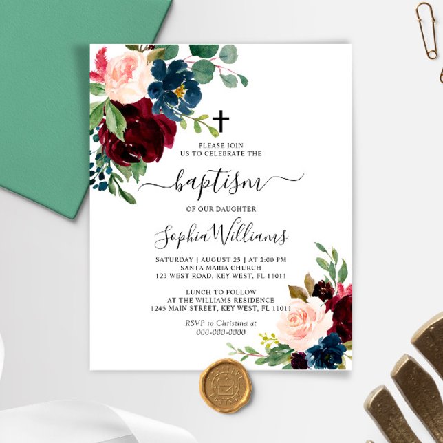 Papier Budget Bourgogne & Marine Floral Baptism Invitatio (Créateur téléchargé)