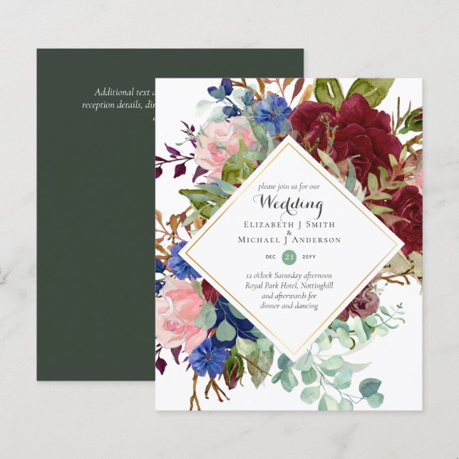 Papier BUDGET Bourgogne Marine Floral Wedding Invitations (Devant / Derrière)
