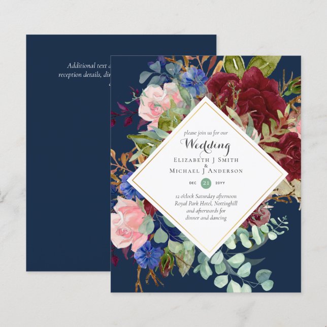 Papier BUDGET Bourgogne Marine Floral Wedding Invitations (Devant / Derrière)