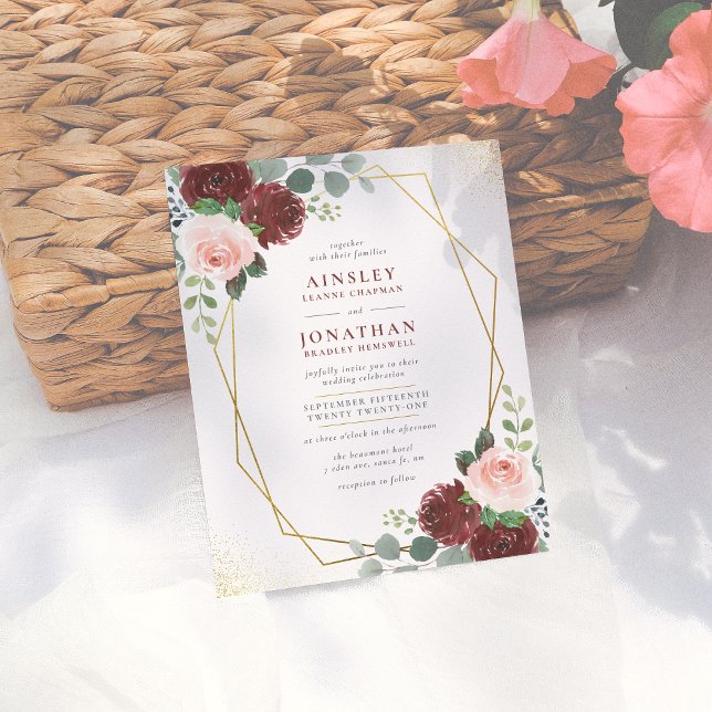 Papier Budget Bourgogne or & Blush rose Mariage floral (Créateur téléchargé)