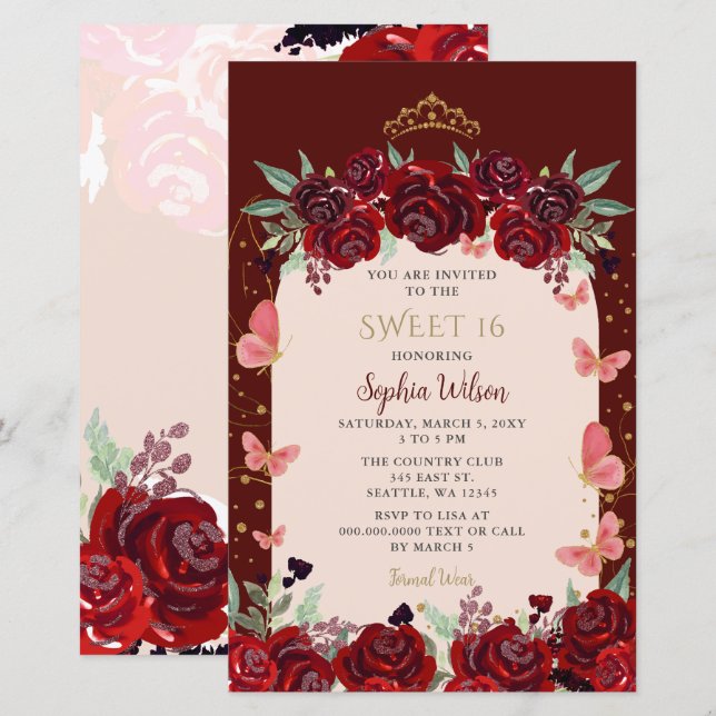 Papier Budget Bourgogne Or Floral Princess Sweet 16 (Devant / Derrière)