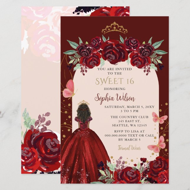 Papier Budget Bourgogne Or Floral Princess Sweet 16 (Devant / Derrière)