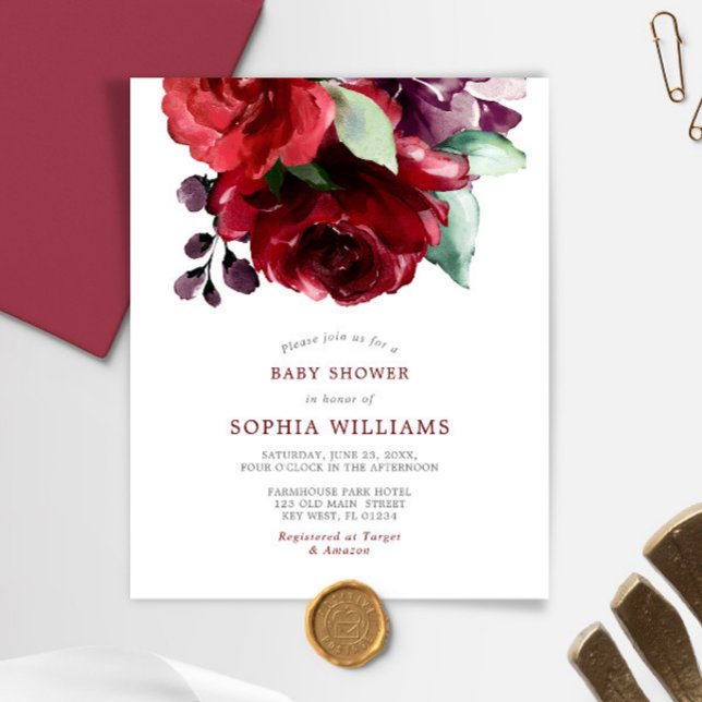 Papier Budget Bourgogne Red Rose Baby shower Invitation (Créateur téléchargé)