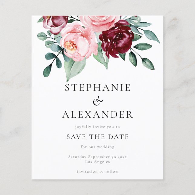 Papier Budget Bourgogne Rose Floral Enregistrer la Date (Devant)