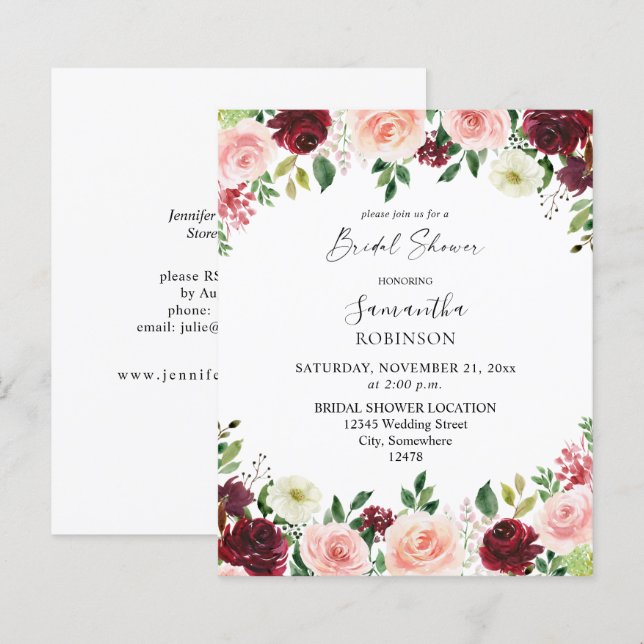 Papier Budget Bourgogne Rose Floral Mariage4 Fleurs 2 (Devant / Derrière)