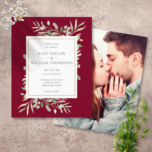 Papier Budget Bourgogne verte Mariage Photo Invitation (Créateur téléchargé)
