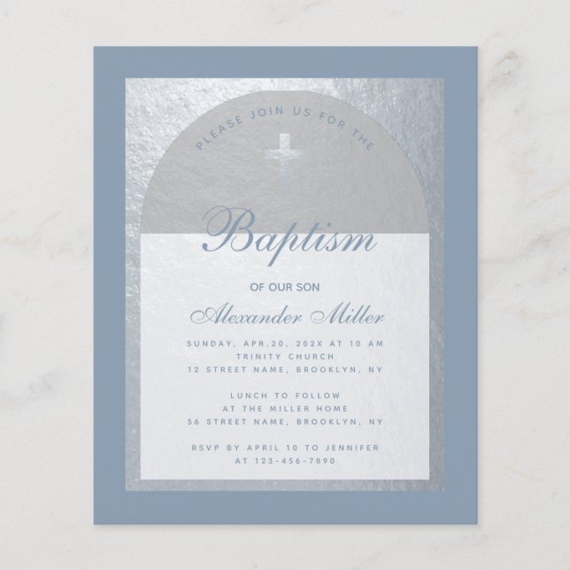 Papier Budget Boy Baptism Dusty Blue Silver Invitation (Devant)