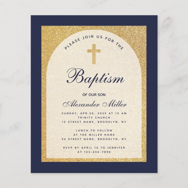 Papier Budget Boy Baptism Marine Blue Gold Invitation (Devant)