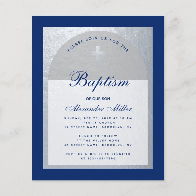 Papier Budget Boy Baptism Royal Blue Silver Invitation (Devant)