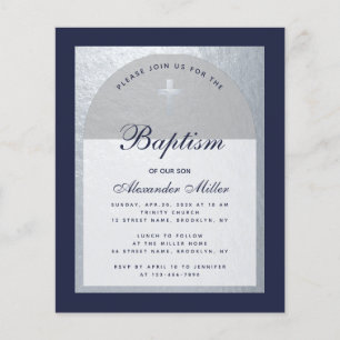 Papier Budget Boy Baptism Silver Navy Blue Invitation