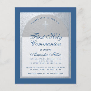 Papier Budget Boy First Communion Blue Silver Invitation