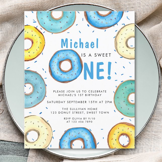 Papier Budget Boy's First Birthday Blue Donut Invitation (Créateur téléchargé)