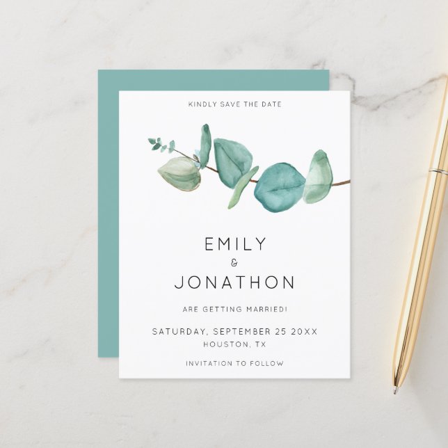 Papier Budget Branche d'Eucalyptus Bleu Save The Date (Devant/Arrière en situation)