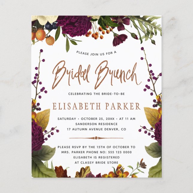 Papier Budget bridal brunch automne nuptiale invitation (Devant)