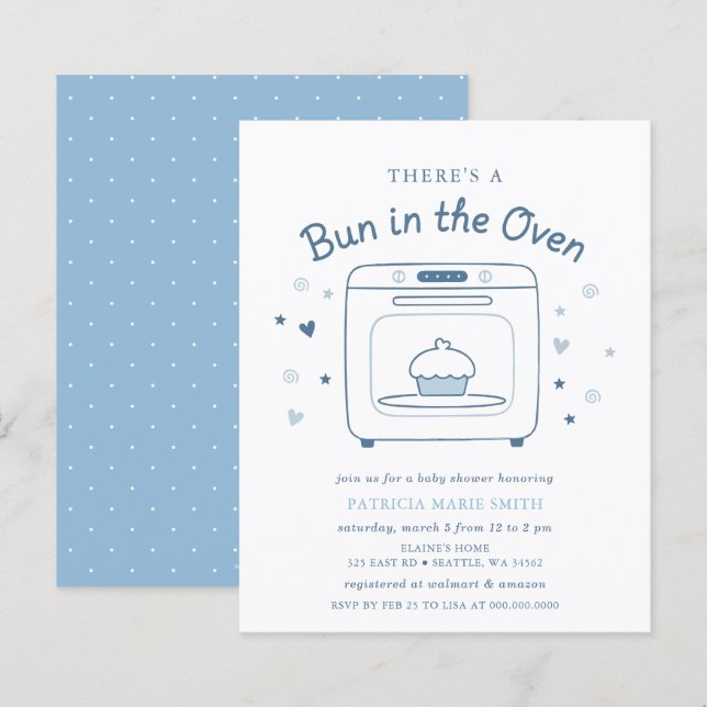 Papier Budget Bun In The Oven Blue Baby Boy Baby Shower (Devant / Derrière)