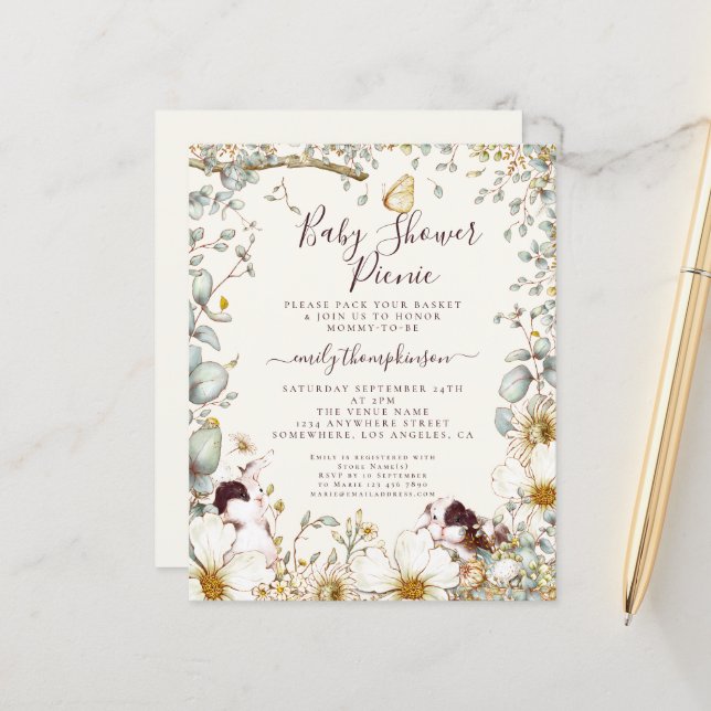 Papier Budget Bunnies Baby shower pique-nique fille Invit (Devant/Arrière en situation)