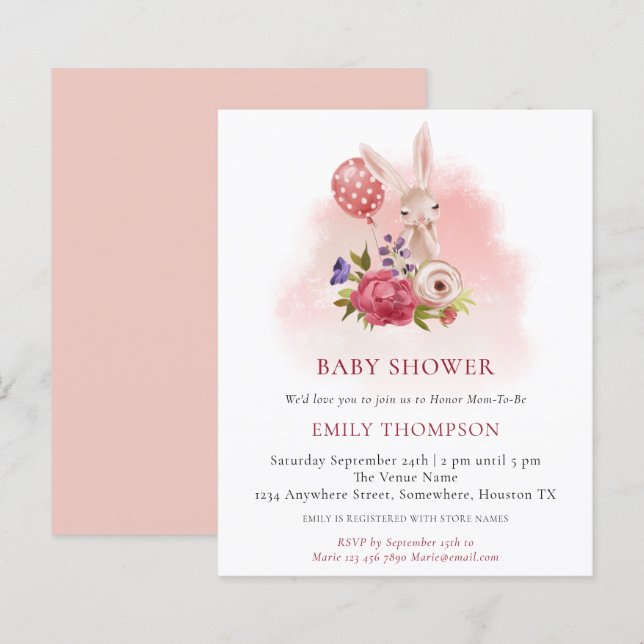 Papier Budget Bunny Florals Baby shower rose Invitation (Devant / Derrière)