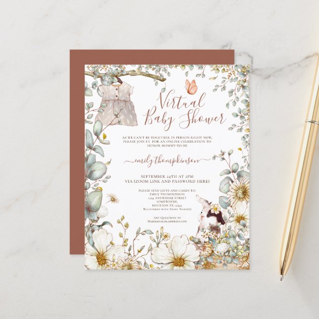 Papier Budget Bunny Girl Baby shower virtuel Invitation (Devant/Arrière en situation)