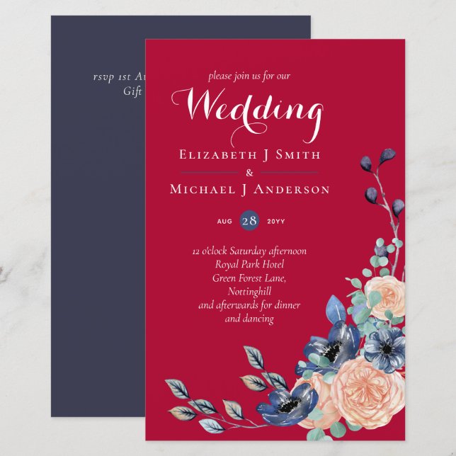 Papier Budget Burgundy Blue Peach Floral Mariage (Devant / Derrière)