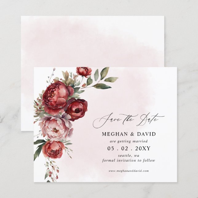 Papier Budget Burgundy Blush Floral Enregistrer la date (Devant / Derrière)