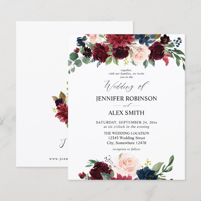 Papier Budget Burgundy Blush rose & Navy Floral Mariage 2 (Devant / Derrière)