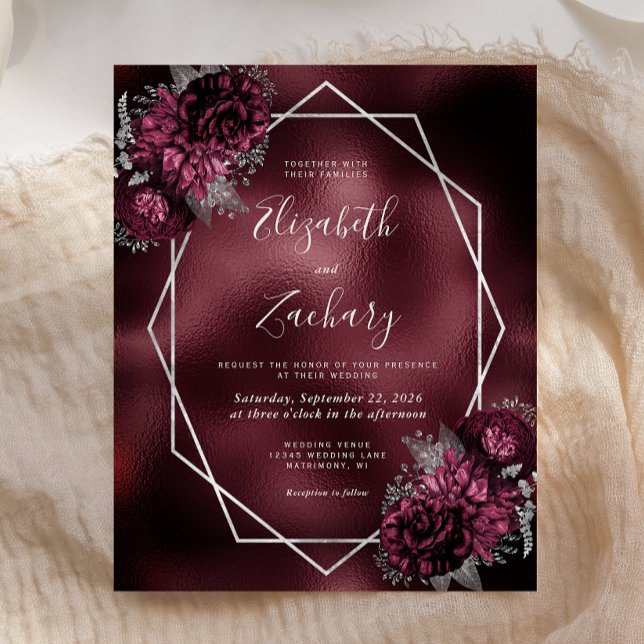 Papier Budget Burgundy Faux Foil Mariage floral argent (Créateur téléchargé)