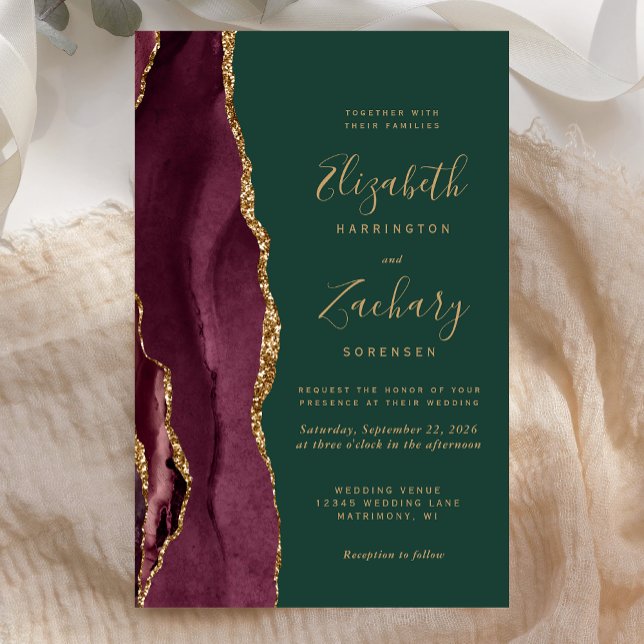 Papier Budget Burgundy Gold Agate Green Wedding Invite (Créateur téléchargé)