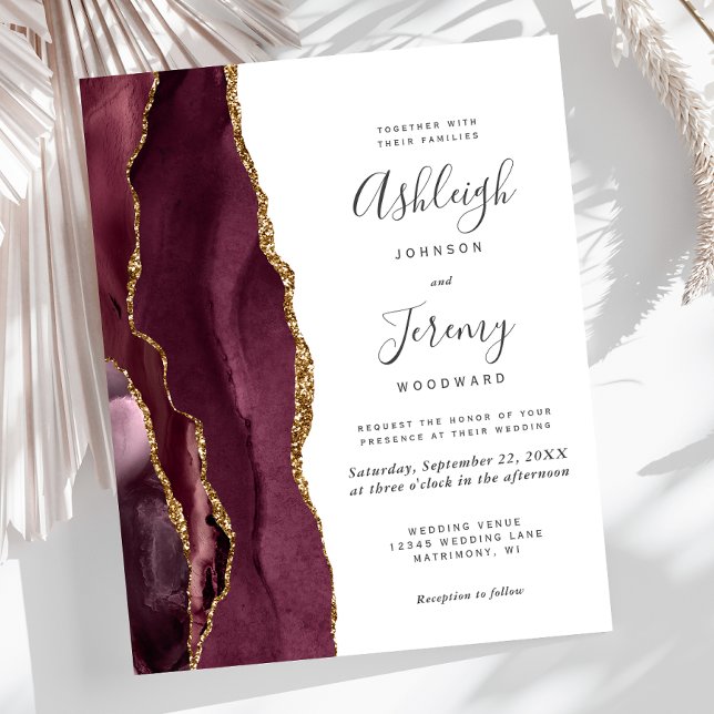 Papier Budget Burgundy Gold Agate Wedding Invite (Créateur téléchargé)