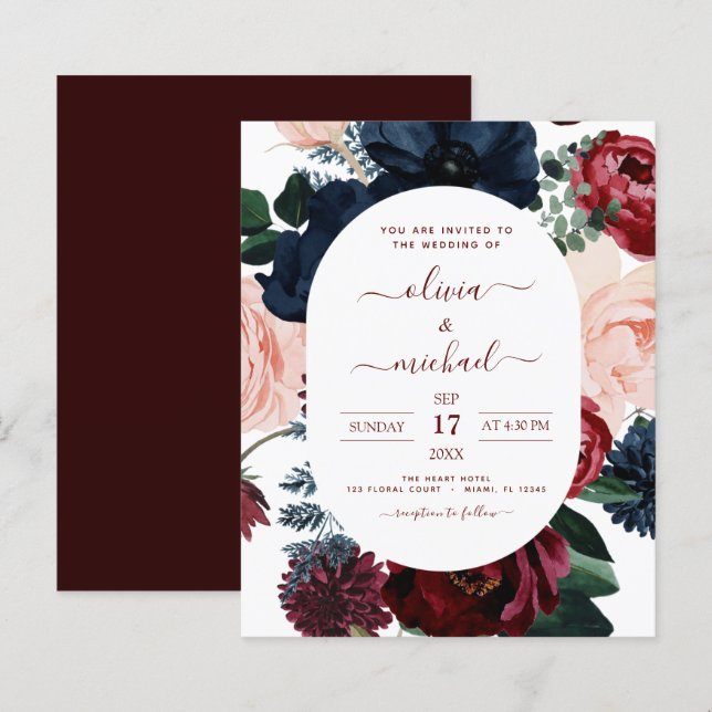 Papier Budget Burgundy Marine Blue Floral Mariage (Devant / Derrière)