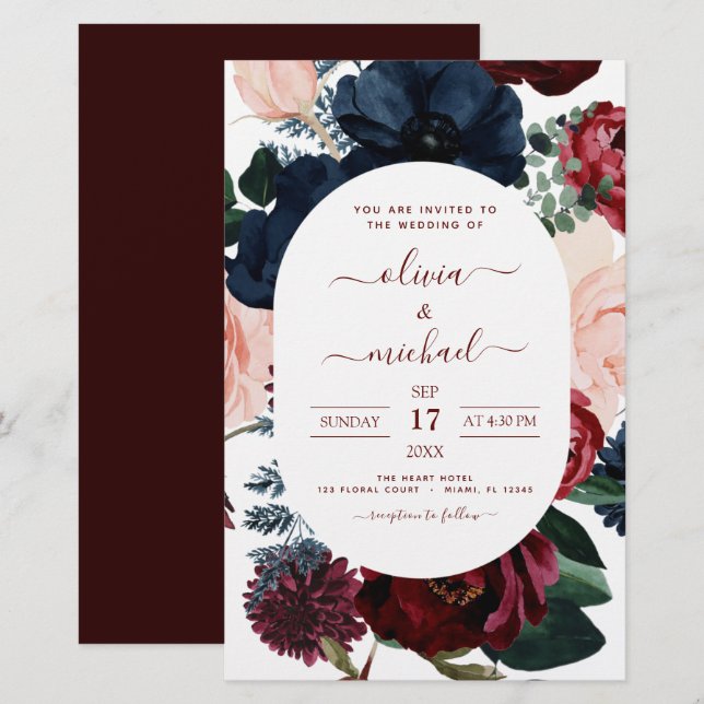 Papier Budget Burgundy Marine Blue Floral Mariage (Devant / Derrière)