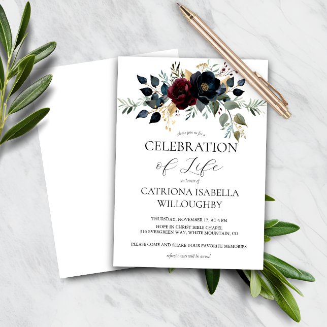 Papier Budget Burgundy Marine Floral Memorial Invitation (Créateur téléchargé)