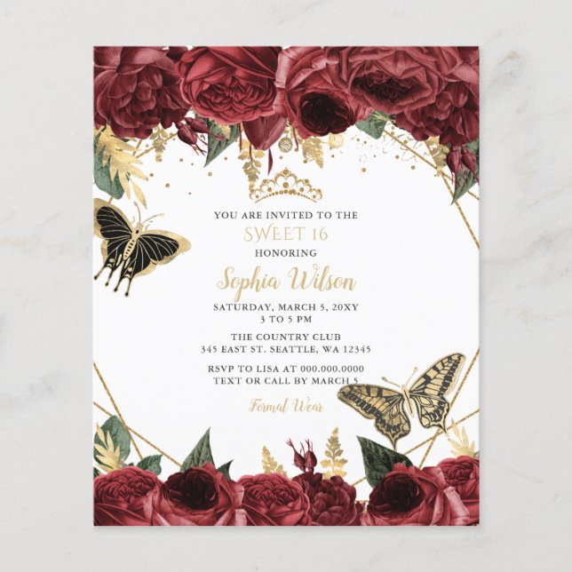 Papier Budget Burgundy Papillon doux 16 Invitation (Devant)