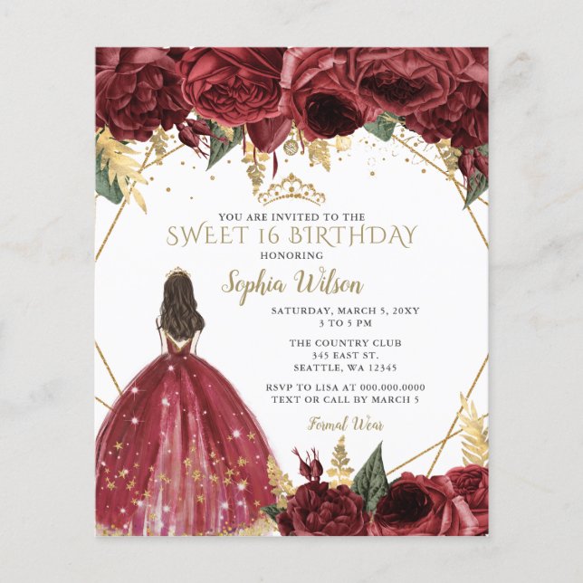 Papier Budget Burgundy Princess Sweet 16 Invitation (Devant)