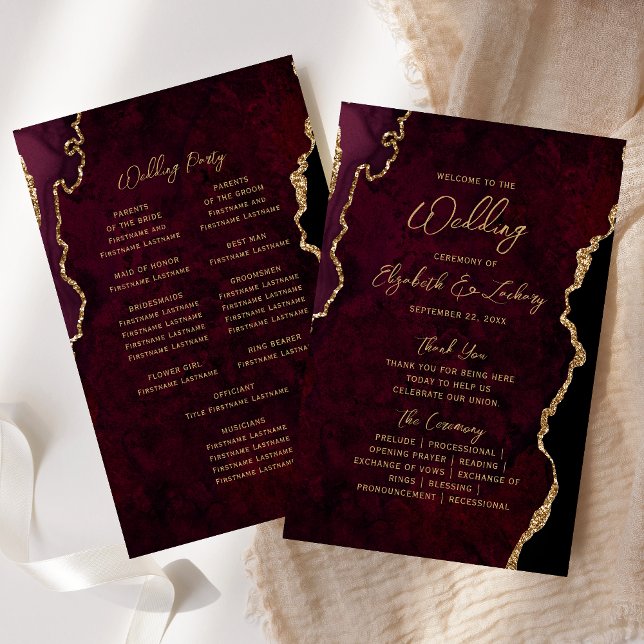 Papier Budget Burgundy Red Gold Agate Wedding Program (Créateur téléchargé)