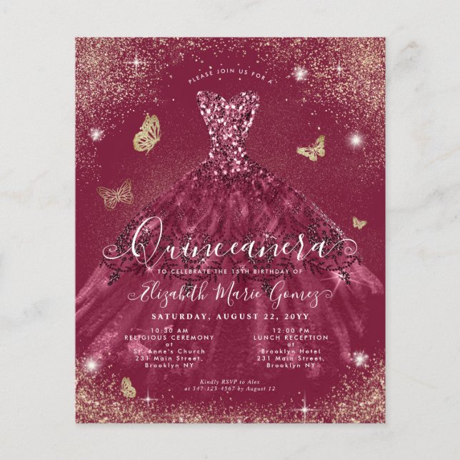 Papier Budget Burgundy Red Gold Gown Quinceanera Invitati (Devant)
