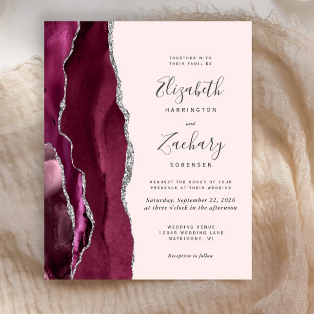 Papier Budget Burgundy Silver Agate Blush Wedding Invite (Créateur téléchargé)