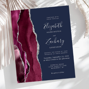 Papier Budget Burgundy Silver Agate Navy Wedding Invite