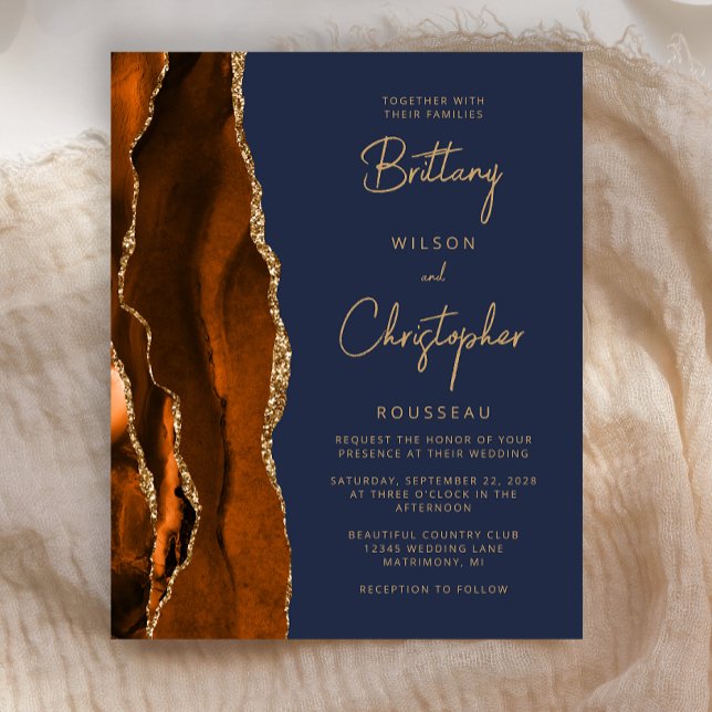 Papier Budget Burnt Orange Agate Blue Wedding Invitation (Créateur téléchargé)