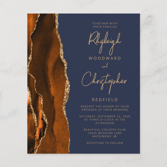 Papier Budget Burnt Orange Agate Blue Wedding Invitation (Devant)