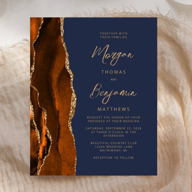 Papier Budget Burnt Orange Agate Marine Blue Wedding Invi (Créateur téléchargé)