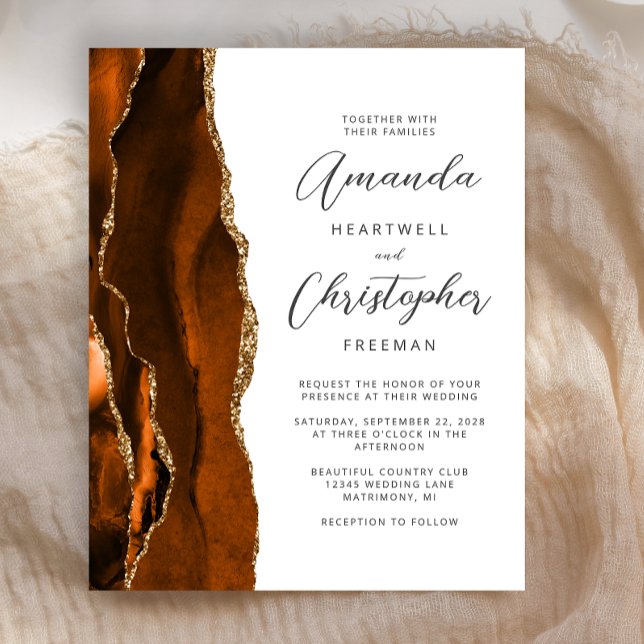 Papier Budget Burnt Orange Gold Agate Mariage Invitation (Créateur téléchargé)