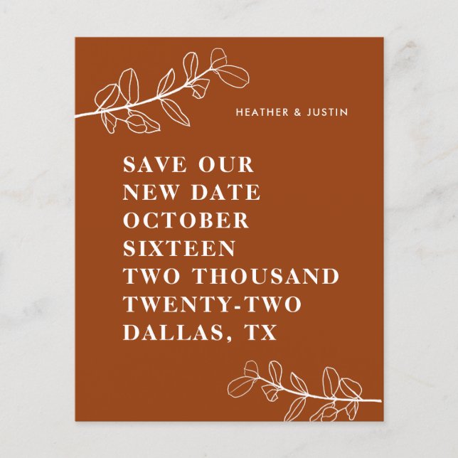 Papier Budget Burnt Orange Terracotta Enregistrer La Date (Devant)