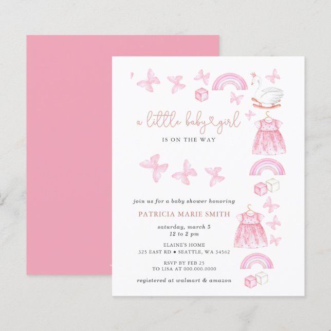 Papier Budget Butterfly Pink Girl Baby Shower Invite (Devant / Derrière)