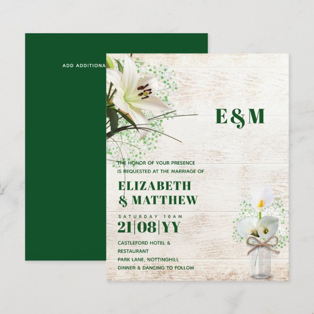 Papier BUDGET Calla Lilies Chic Shabby Mariage Invitation (Devant / Derrière)