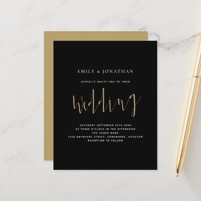 Papier Budget Calligraphie or noir Faire-part de mariage (Devant/Arrière en situation)