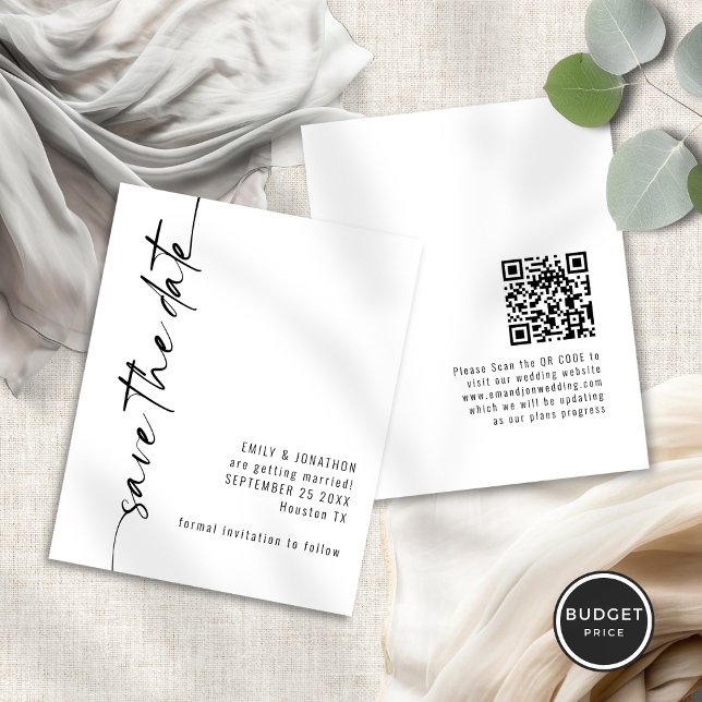 Papier Budget Calligraphie QR Wedding Enregistrer la date (Front and back view)