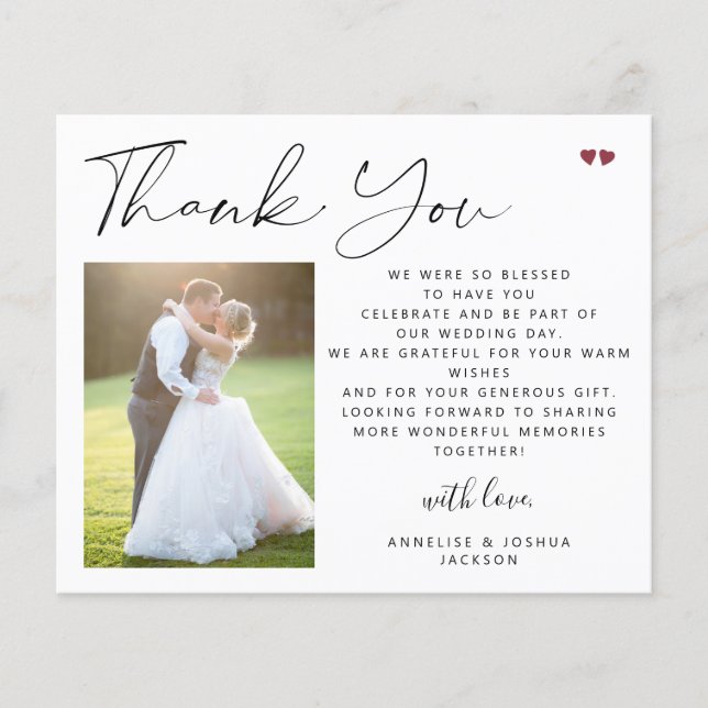 Papier Budget calligraphie script photo mariage merci (Devant)